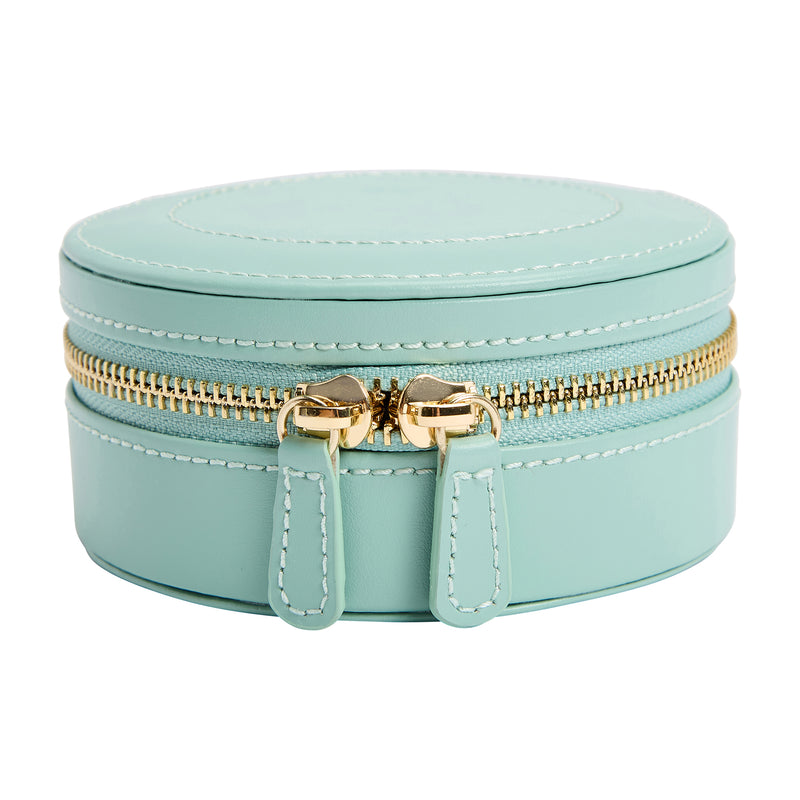 Jade green mini leather jewelry case with hinged lid, gold zipper, and two front belt loops.