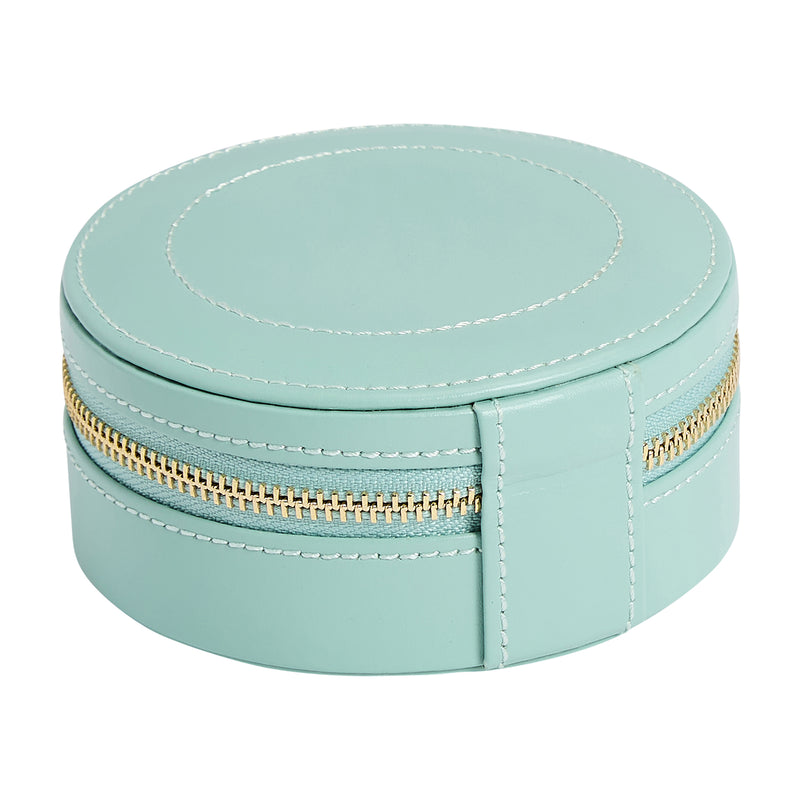 Jade green round leather jewelry zip case with gold zipper and contrast stitching.