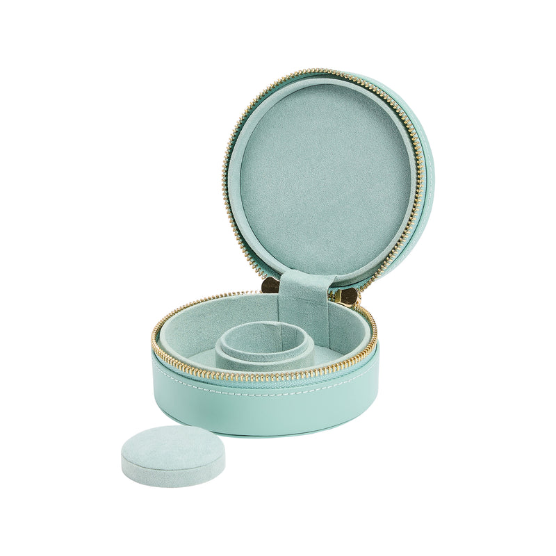 Jade green mini leather jewelry zip case with open lid and gray padded ring cushion.