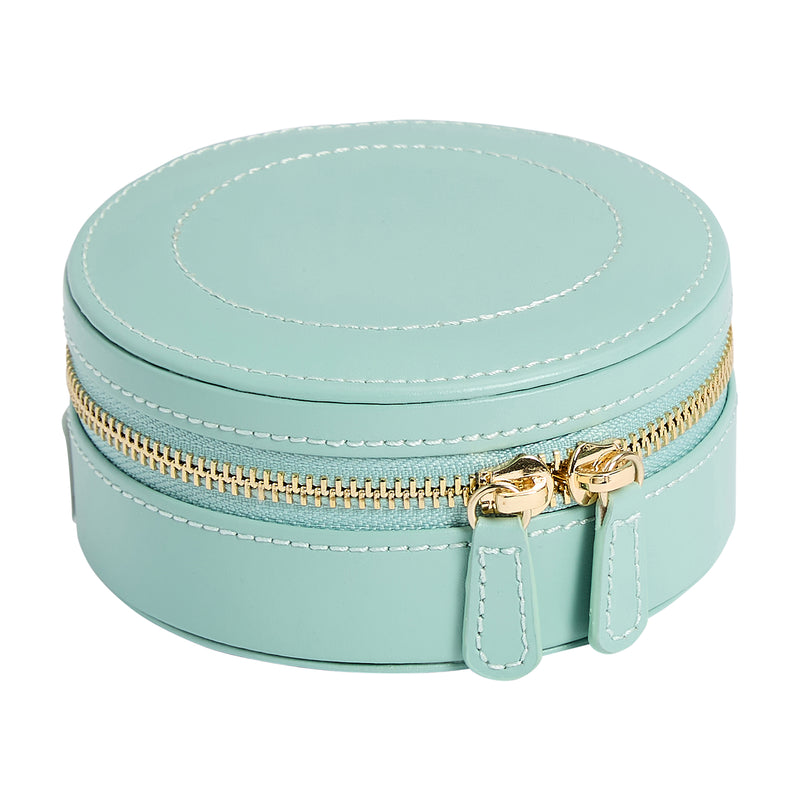 Jade green mini leather jewelry case with gold zipper and clasp detail on front.