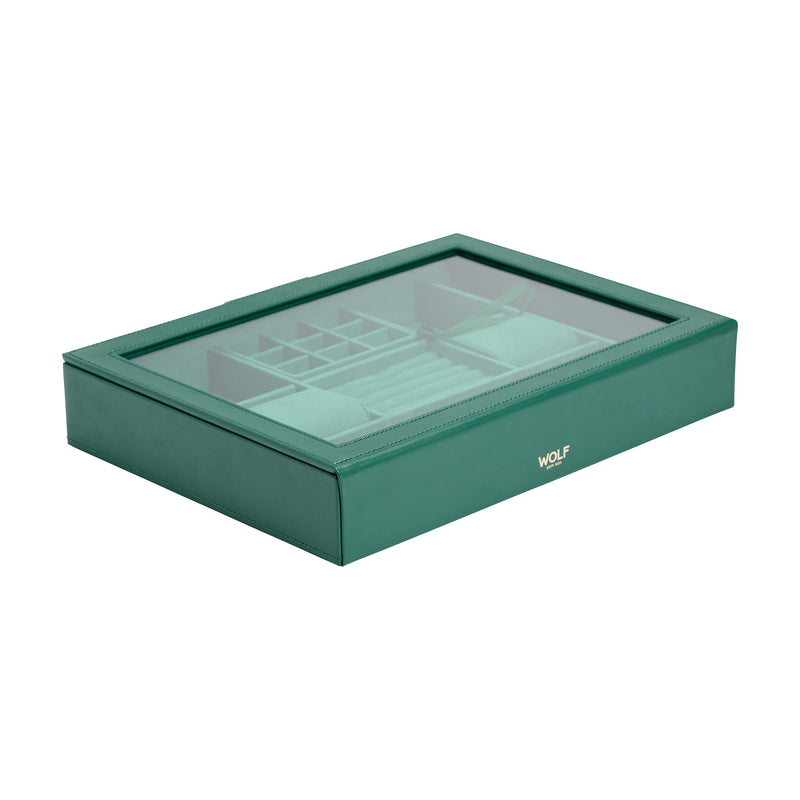 Forest green jewelry box with glass window top and divided insert tray