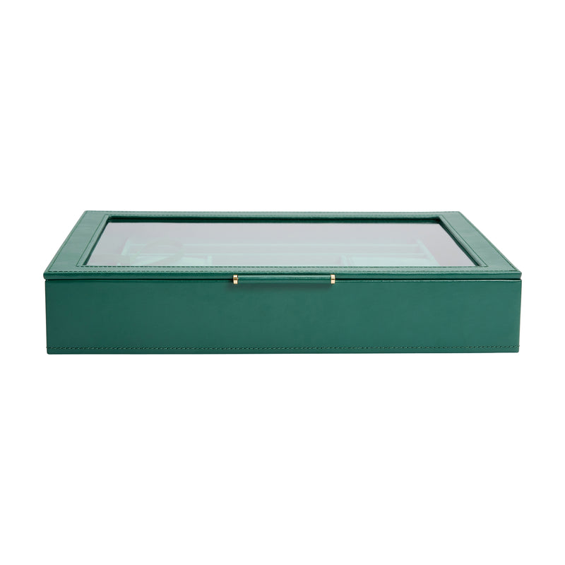 Forest green leather jewelry box with clear glass window and gold-tone hinge hardware