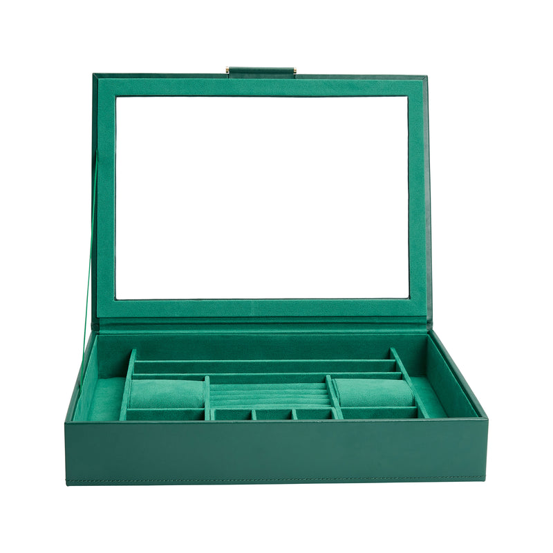 Forest green leather jewelry box open with window and interior storage compartments