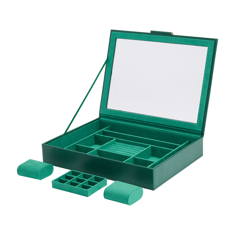 Forest green leather jewelry box open with divided compartments and foam insert pads