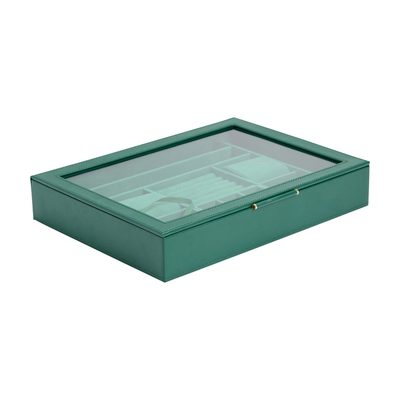Forest green leather jewelry box with clear glass window and gold-tone closure bar