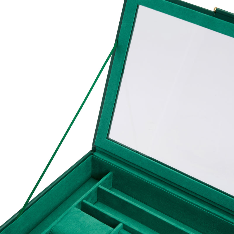 Forest green jewelry box lid open, showing interior velvet-lined organizer rails