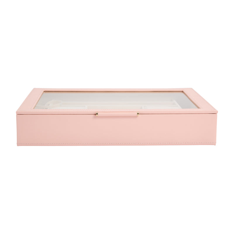 Rose quartz leather jewelry box with hinged glass window, pink toned