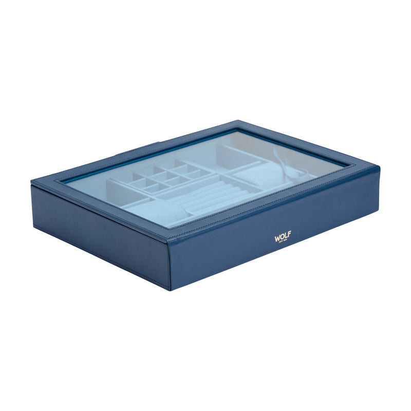 Indigo leather jewelry box with clear window top and blue display tray