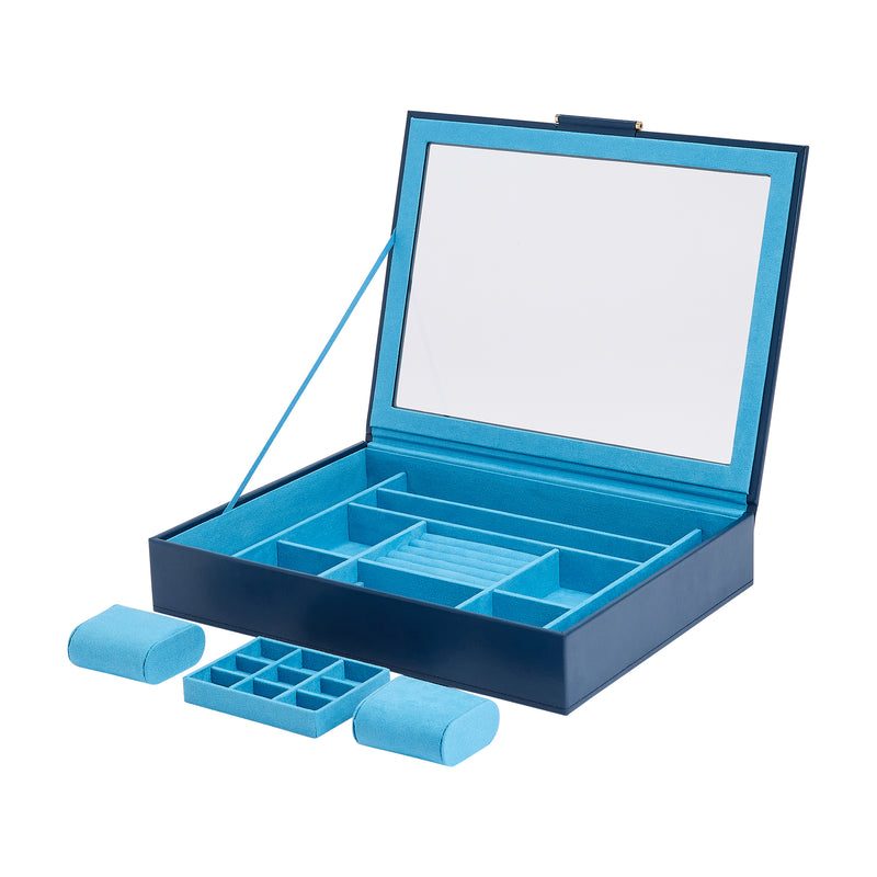 Indigo leather jewelry box open with clear window and blue compartment tray