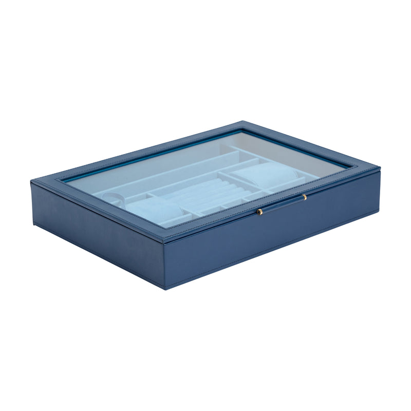 Indigo leather jewelry box with clear window, blue inserts, and gold-tone hinges