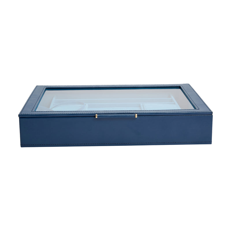 Indigo leather jewelry box with clear window and gold-tone latch detail