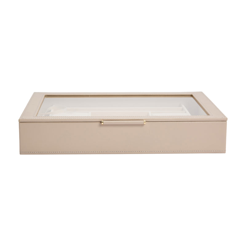 Mink leather jewelry box with clear window lid and gold-tone latch, light tan