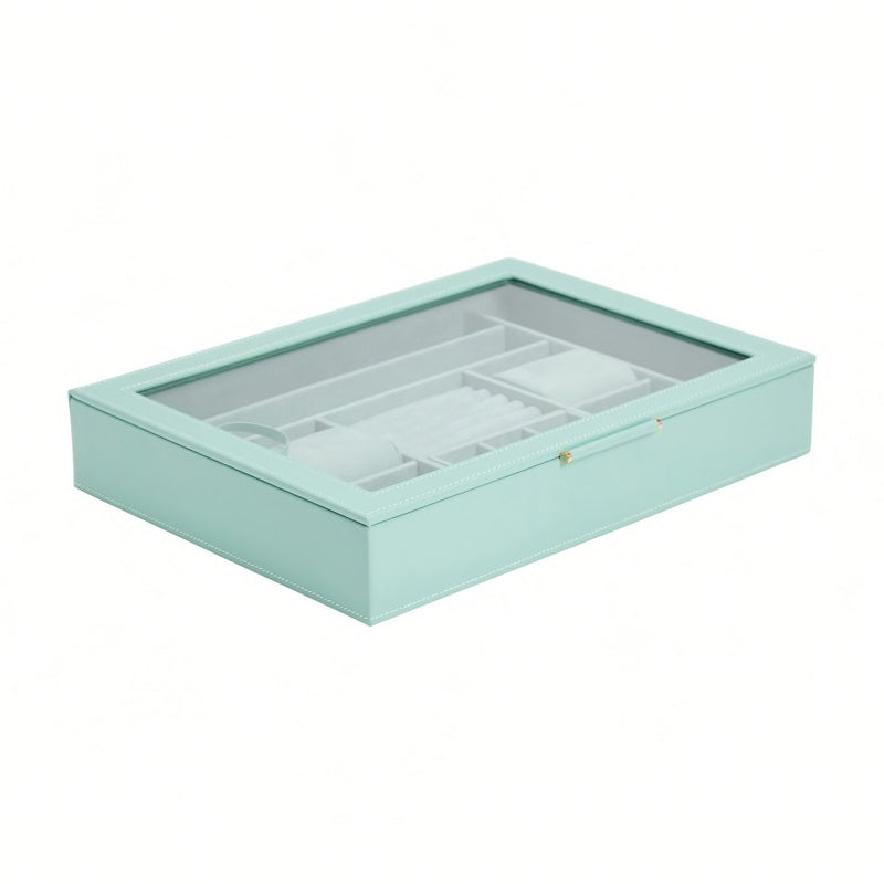 Jade green jewelry box with window lid open, divided into ring and earring slots