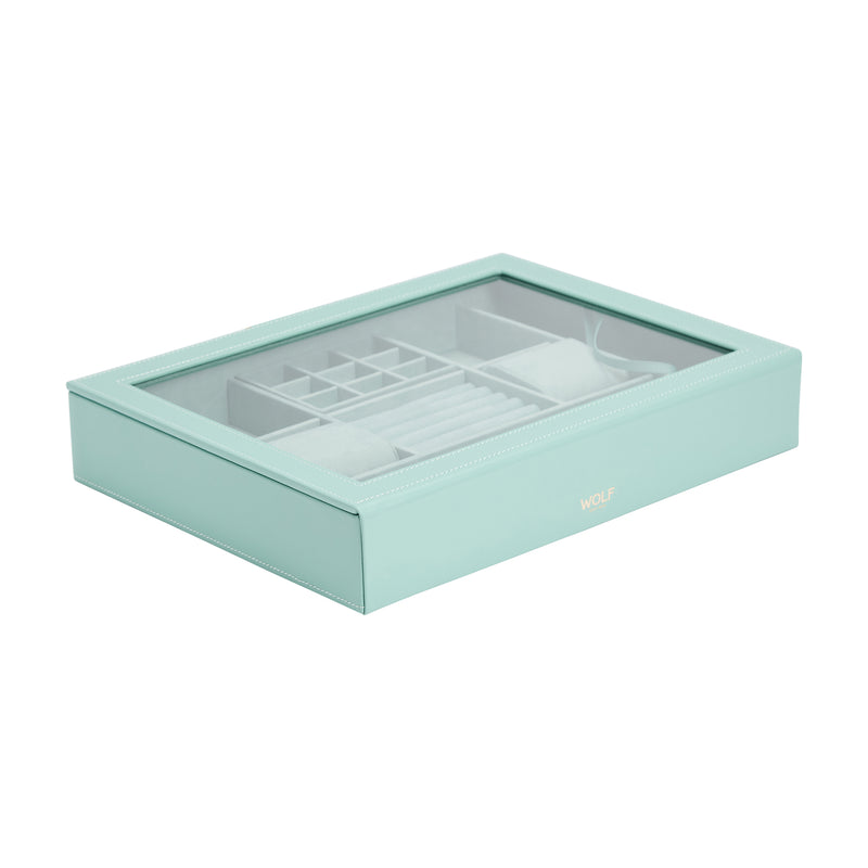 Jade green leather jewelry box with clear window top and organized insert trays