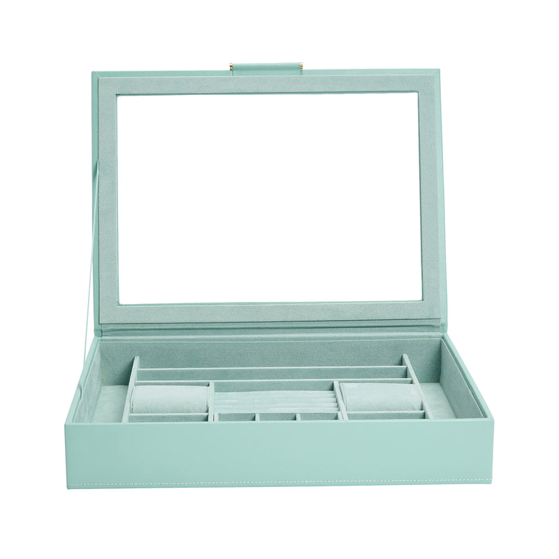 Jade green jewelry box with open lid and window, lined with compartment dividers
