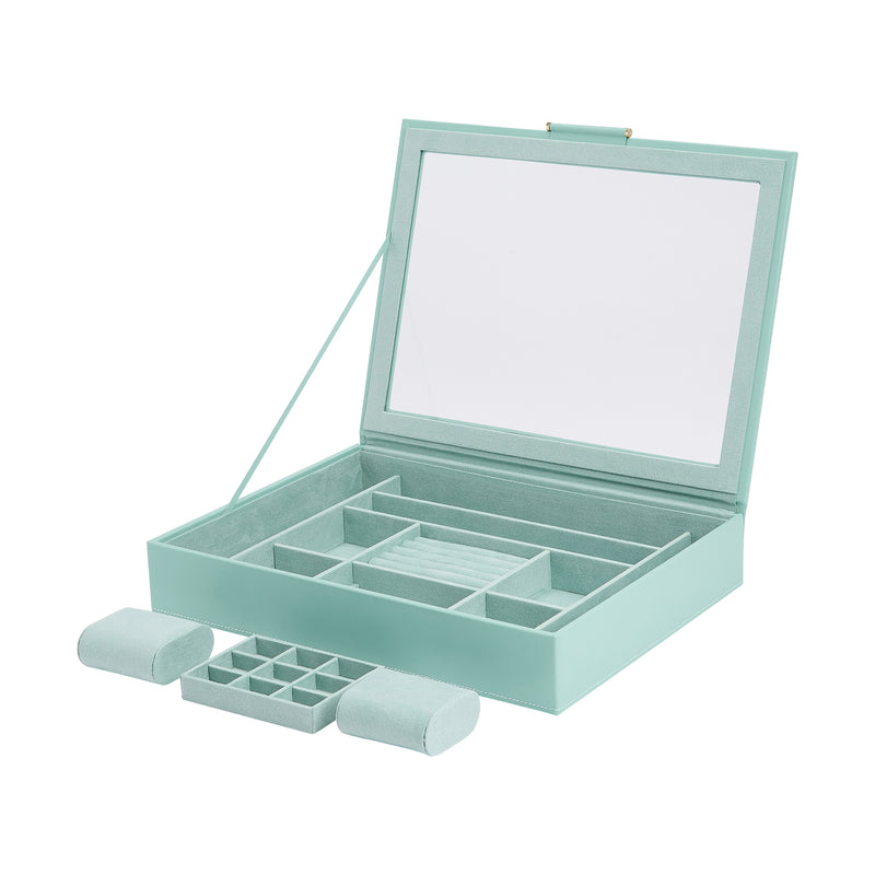 Jade green leather jewelry box with open window lid, ring slots and rolled cloth pads