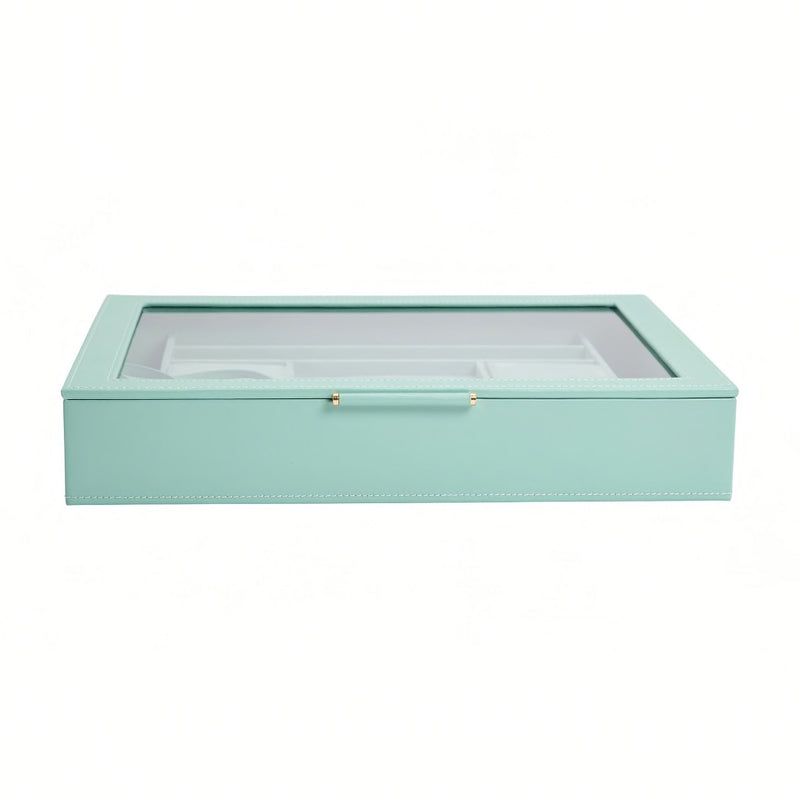 Jade green leather jewelry box with clear window and hinged lid, closed