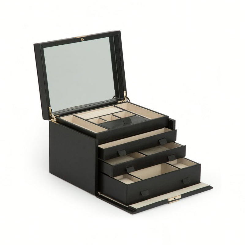 Large black leather jewelry box with open lid and multi-slot drawer compartments