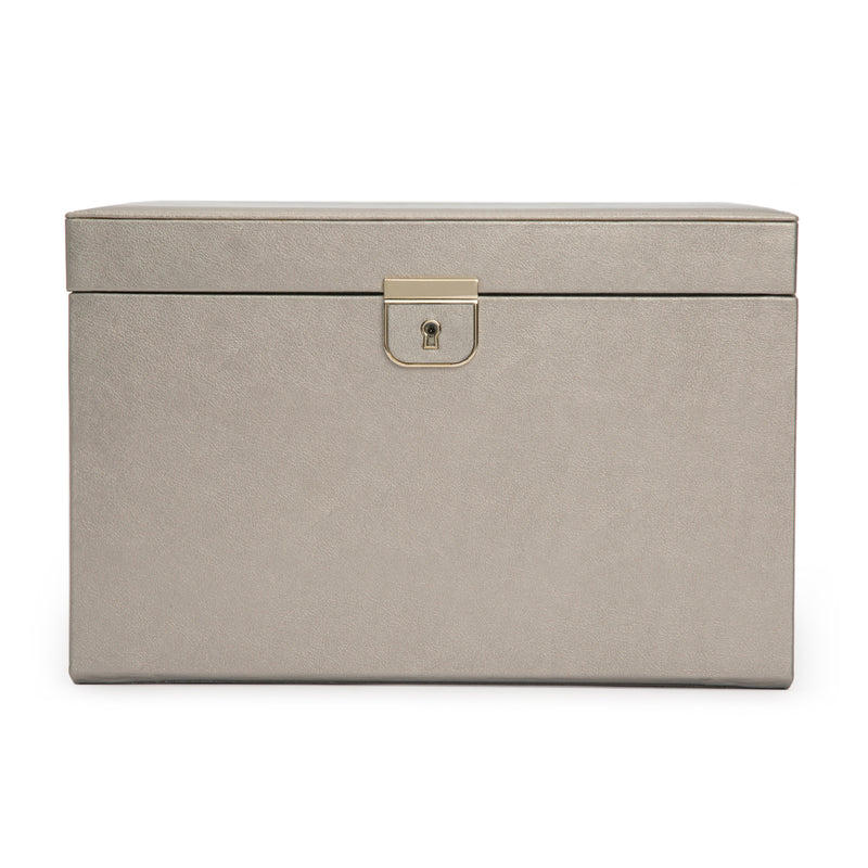 Large pewter leather jewelry box with hinged lid and gold-tone latch