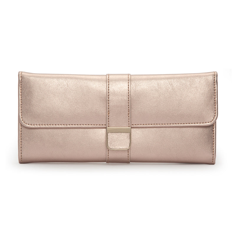 Rose quartz pink leather jewelry roll with flap and central buckle strap
