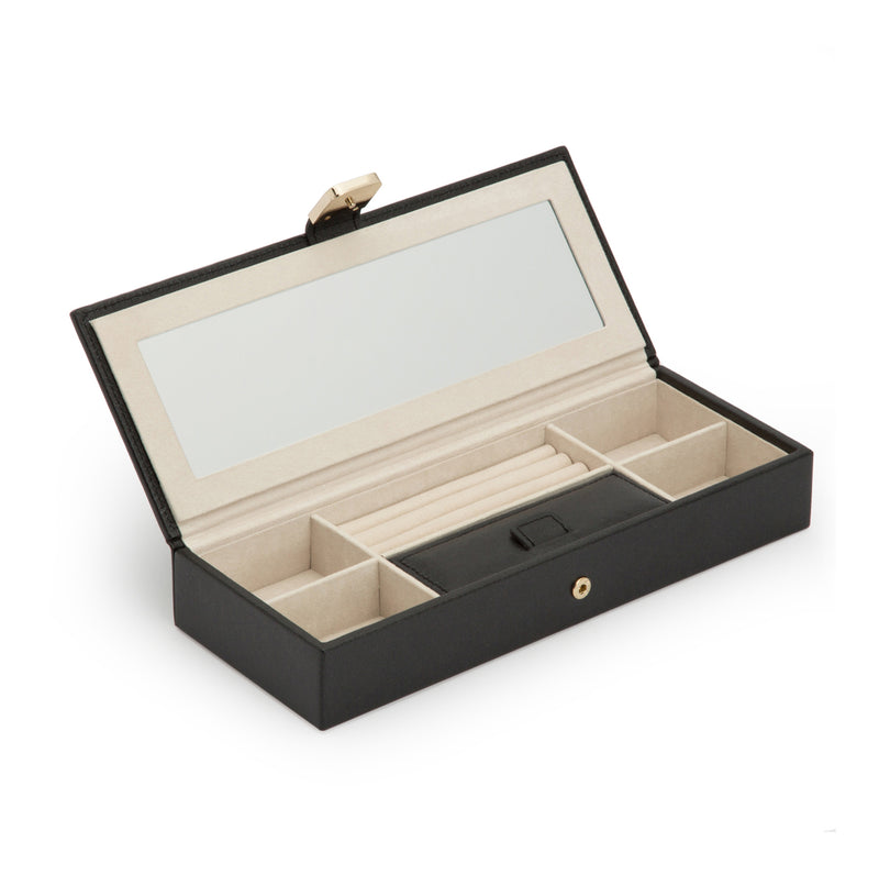 Black leather jewelry safe deposit box with open lid and compartment organizer