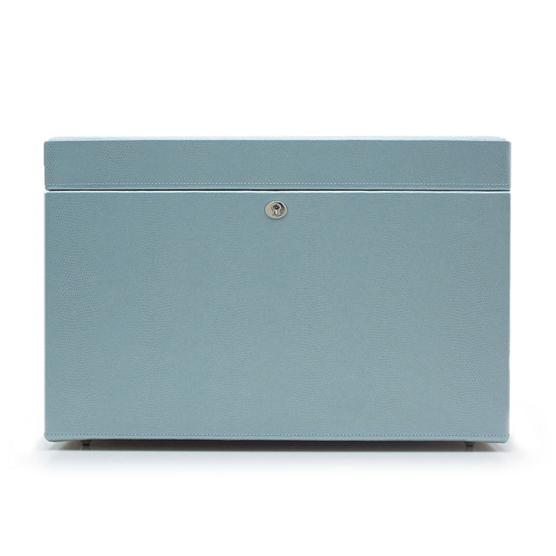 WOLF London ice blue leather large jewelry box with metal emblem on lid