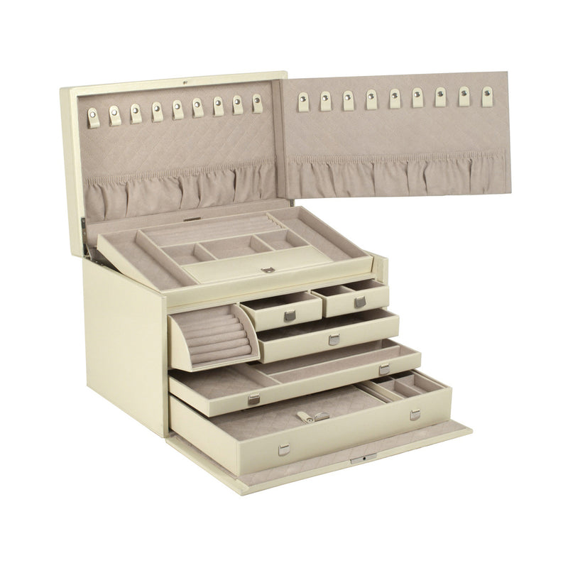 Large cream leather jewelry box, open with padded sections and drawers for rings and bracelets