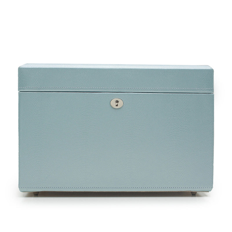 Ice-blue leather medium jewelry box with hinged lid and round logo emblem