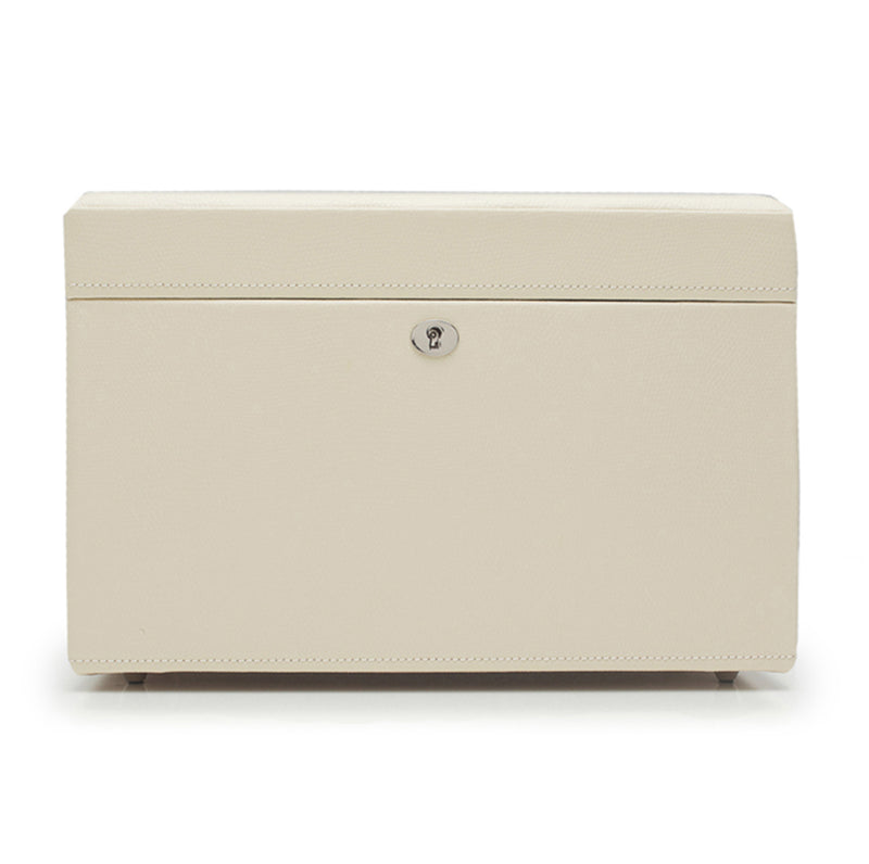 Cream leather medium jewelry box with hinged lid and metal clasp detail