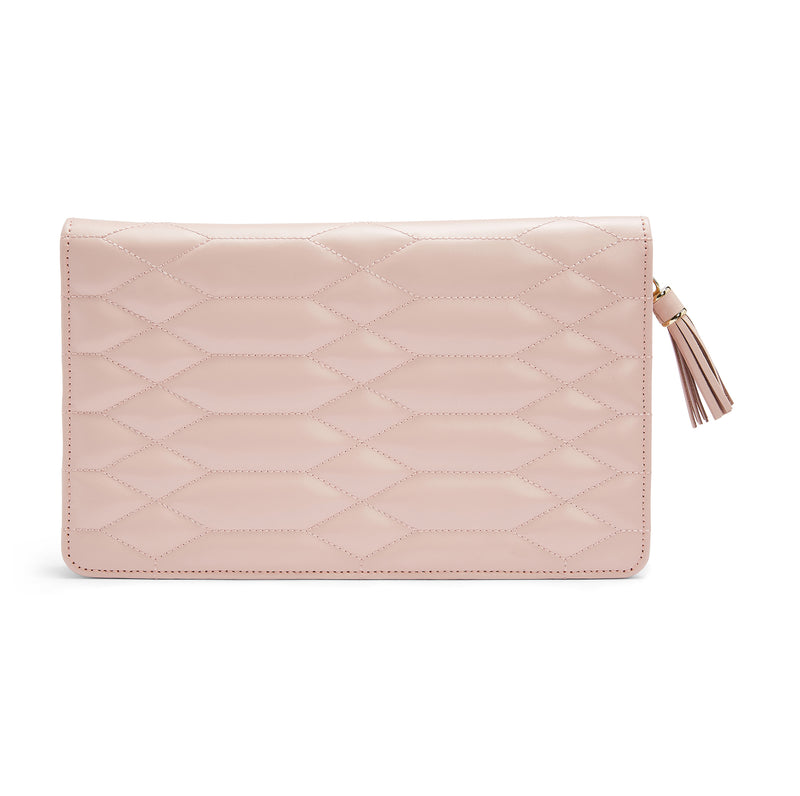 Large rose quartz pink leather jewelry portfolio with quilted pattern, zip top & tassel
