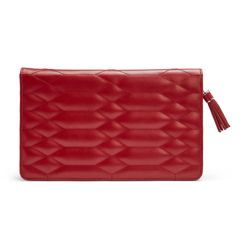 WOLF Caroline large red leather jewelry portfolio with quilted diamond pattern and tassel