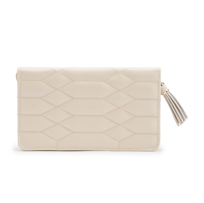 WOLF Caroline ivory leather jewelry portfolio with quilted diamond pattern and tassel flap