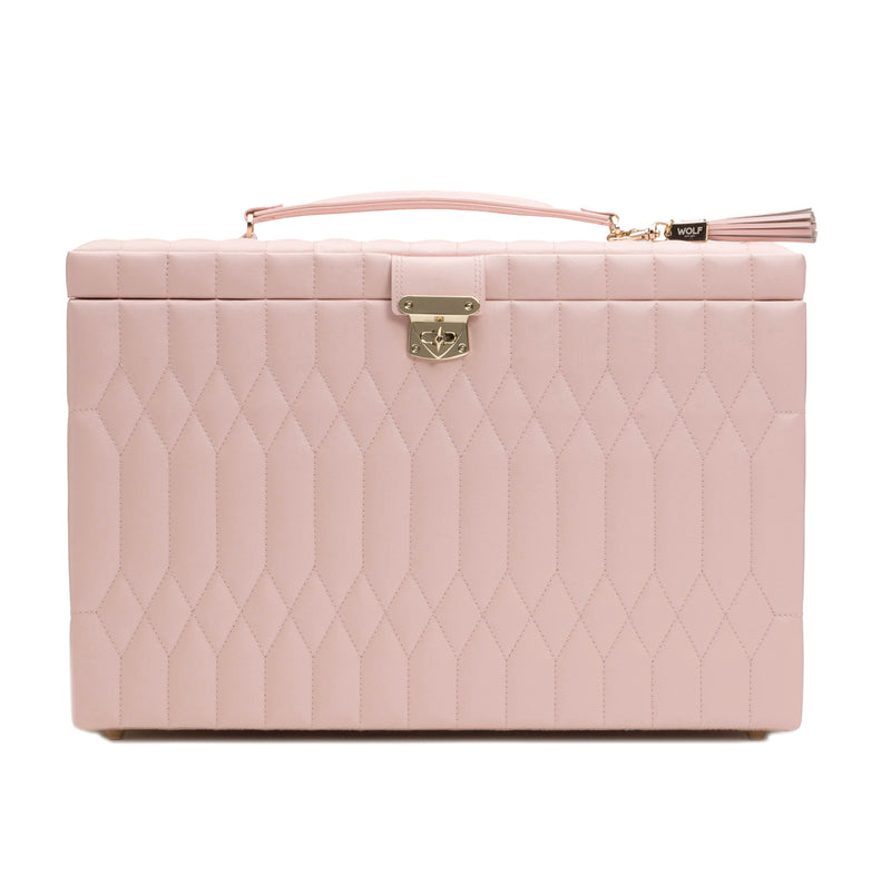 Large rose quartz pink leather jewelry box, quilted design, hinged lid and carrying handle
