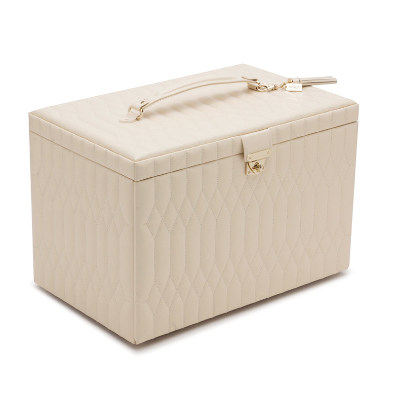 Ivory leather jewelry box with quilted texture, metal clasp, and carry handle