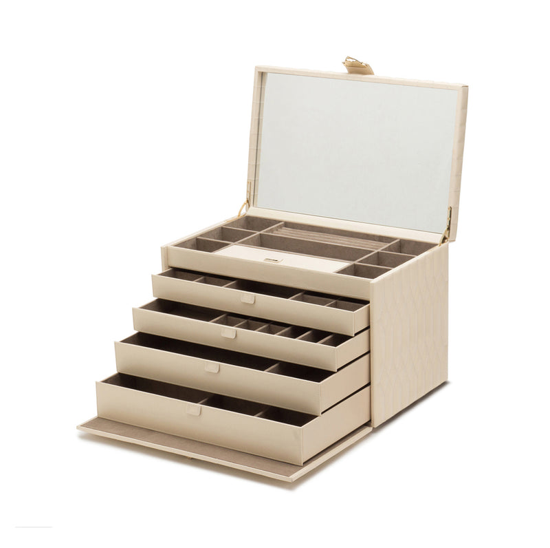 Opened ivory jewelry box with tiered drawers and divided compartments