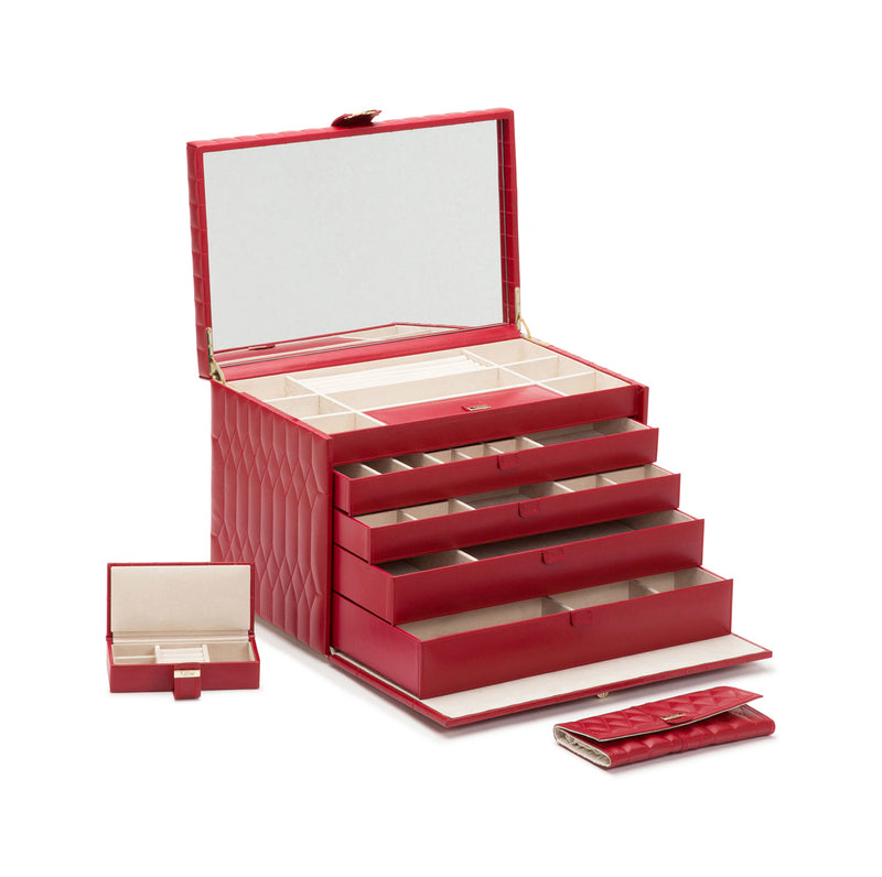 WOLF extra-large red leather jewelry box with open lid and stacked interior trays