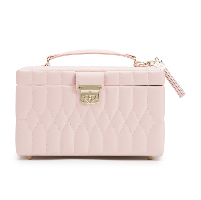 Rose quartz pink quilted leather medium jewelry box with top handle and gold clasp