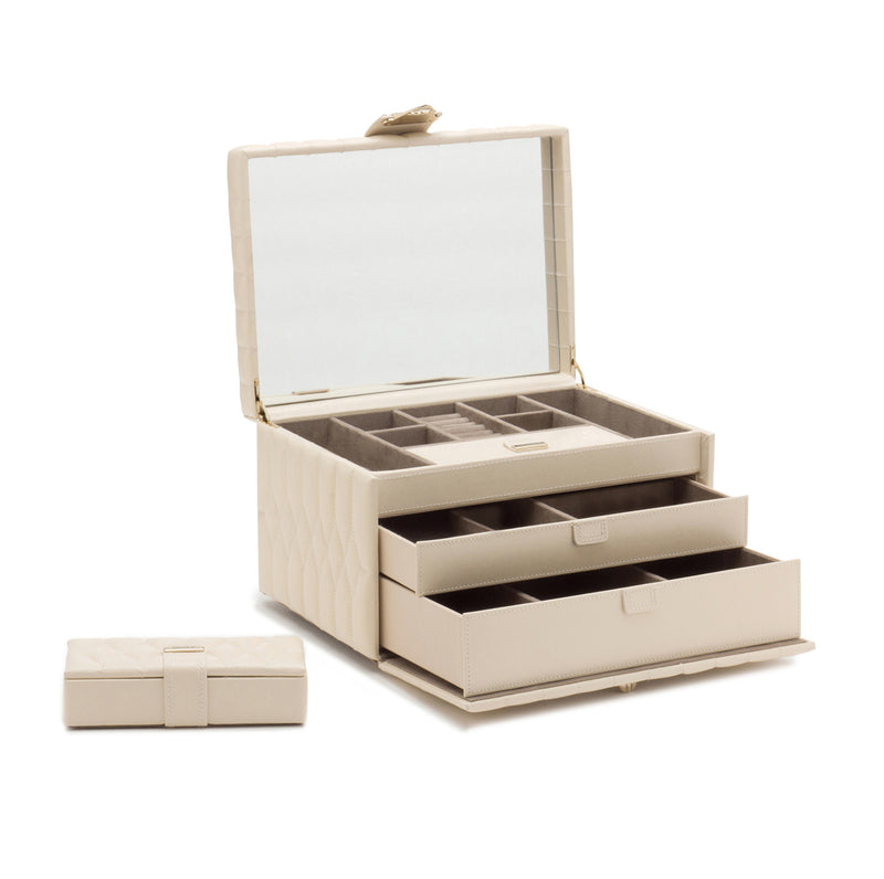WOLF Caroline ivory leather medium jewelry box, open with compartments and drawers