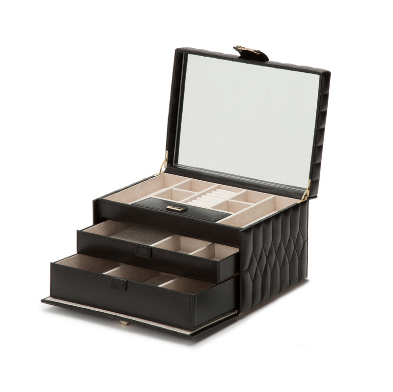 WOLF Caroline black leather medium jewelry box, open with drawers and ring tray