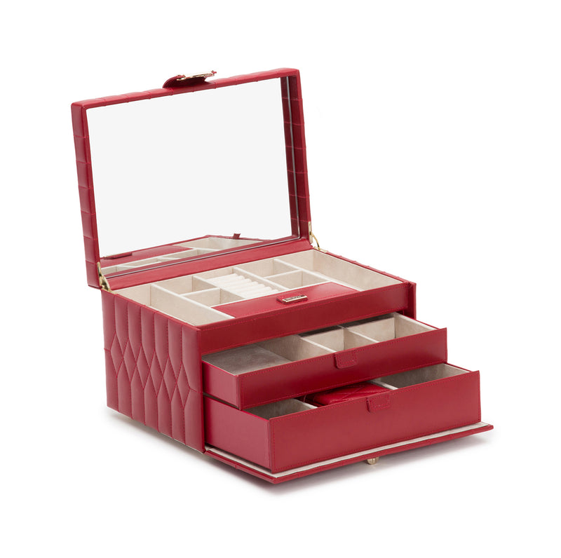 WOLF Caroline red leather medium jewelry box with open hinged lid, compartments and trays