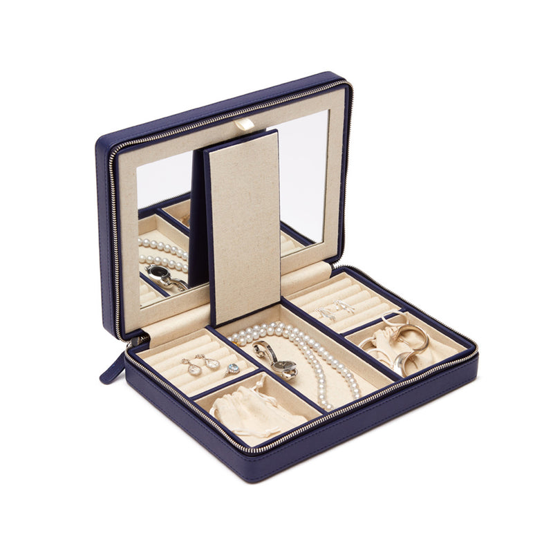 Navy faux leather travel jewelry case with mirror and divided compartments for rings and necklaces