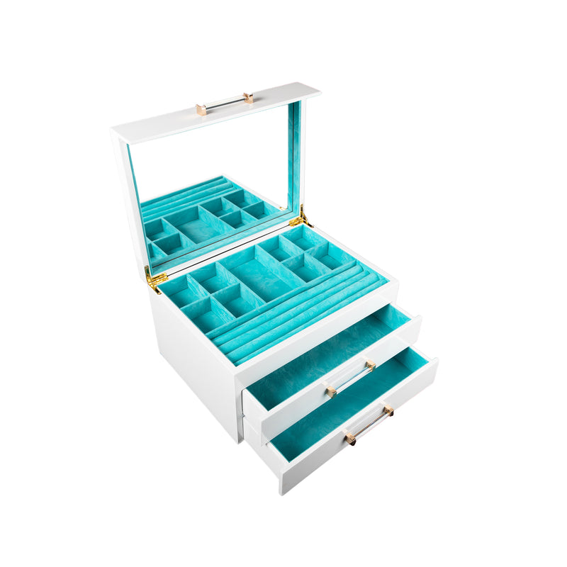 Kendall wooden jewelry box with open lid, teal compartments, and brass-tone hardware