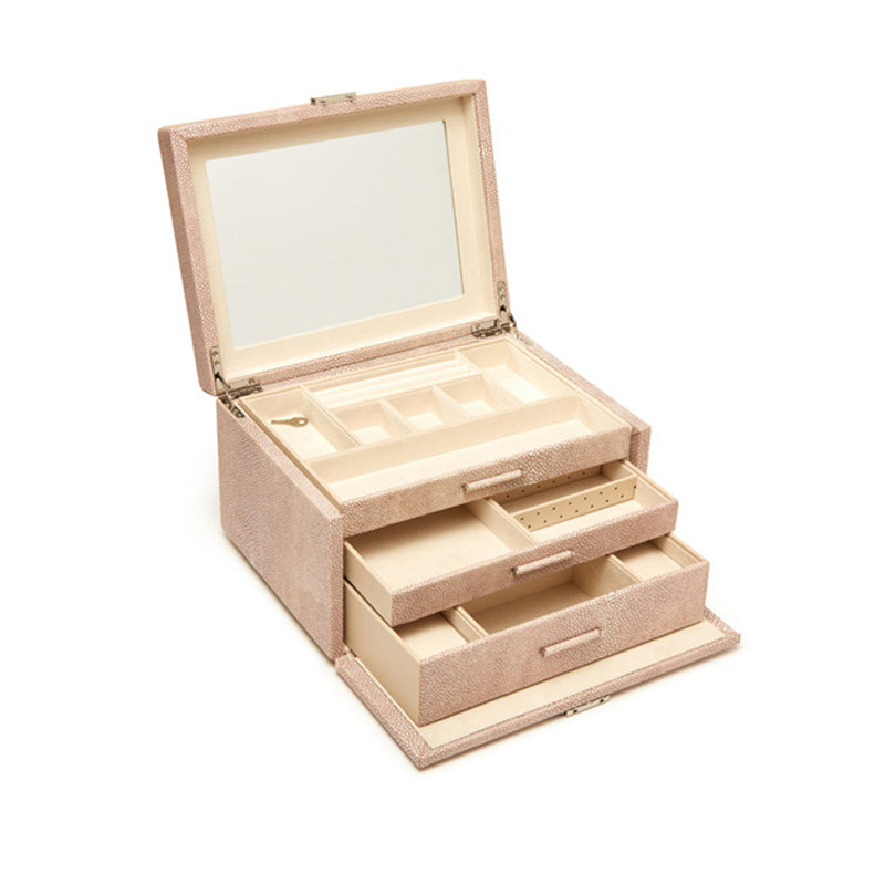 Light brown faux shagreen jewelry box with three trays, open lid, beige interior