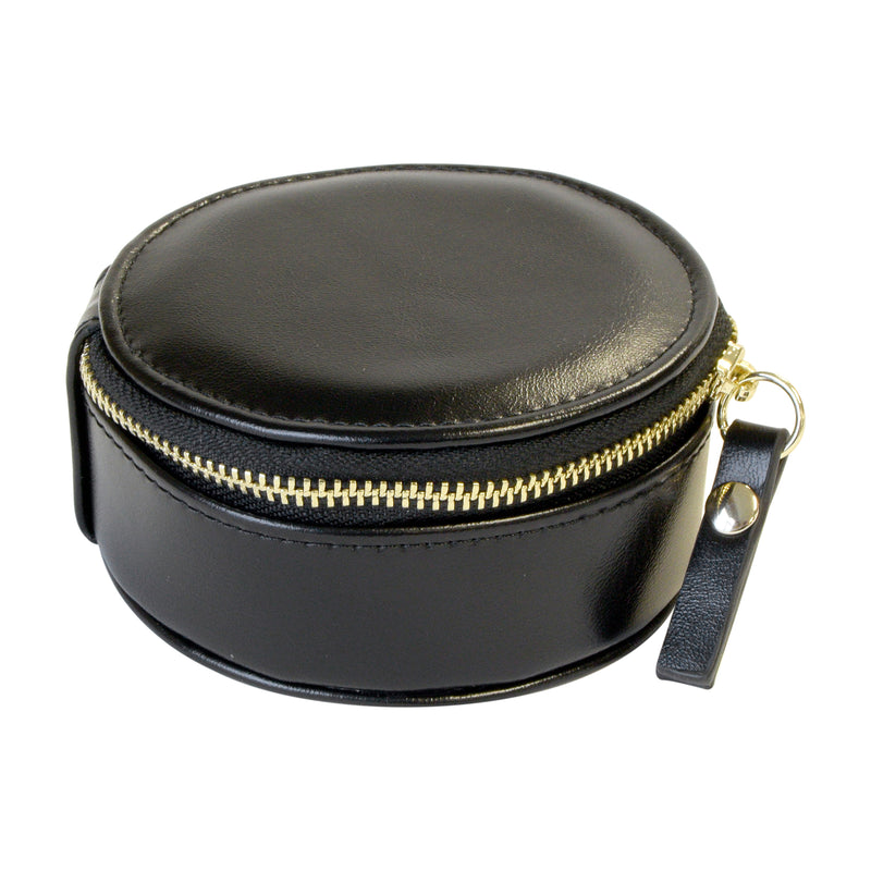 Black round jewelry box with gold zipper and wrist strap, closed top with smooth finish