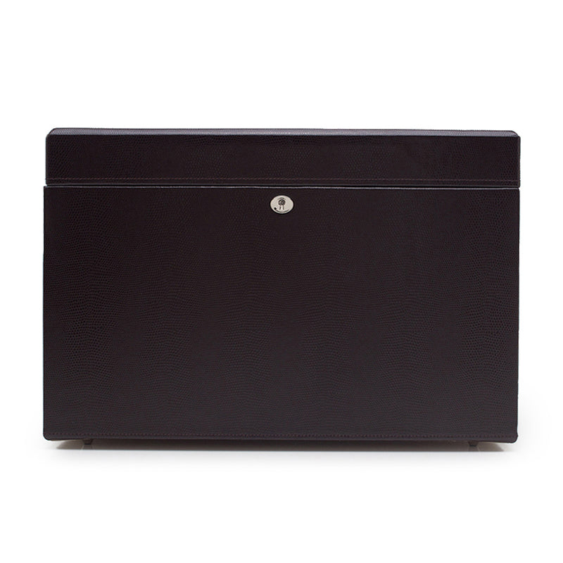 WOLF London cocoa leather large jewelry box with hinged lid and round metal badge