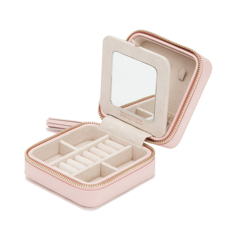 Rose leather zip travel jewelry case with compartments and hinged mirror, open