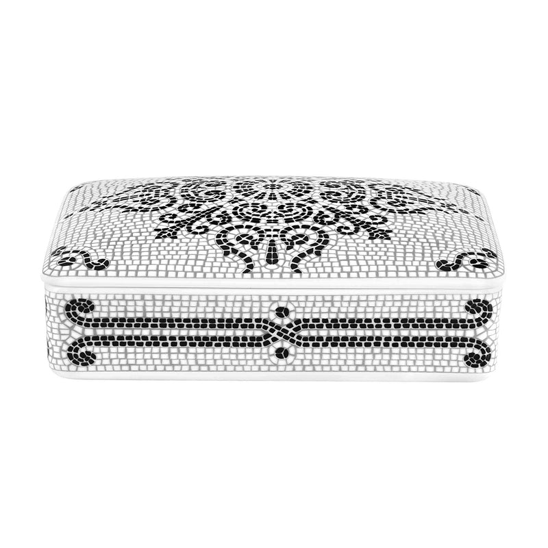 Geometric mosaic card box with hinged lid, white with black pattern
