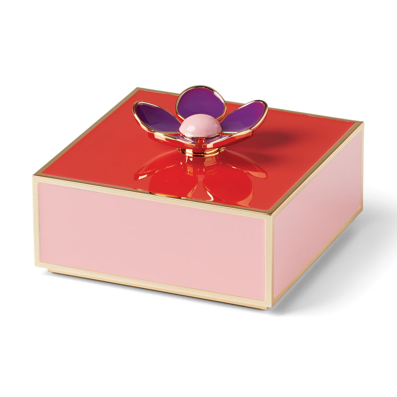 Enamel floral covered box with red lid, pink sides, and gold trim