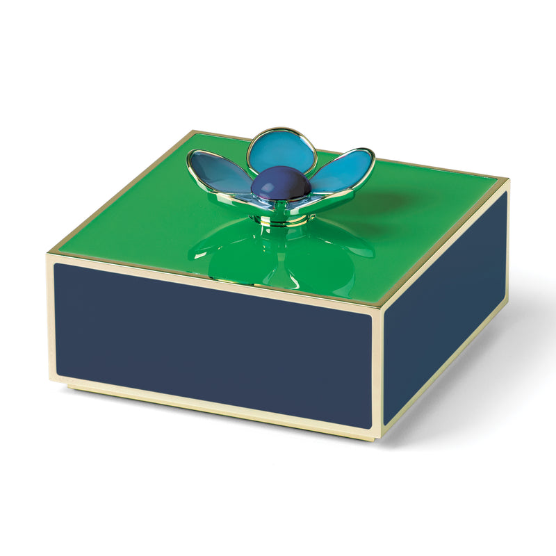 Square enamel covered box with green floral lid, navy sides, gold trim and finial knob