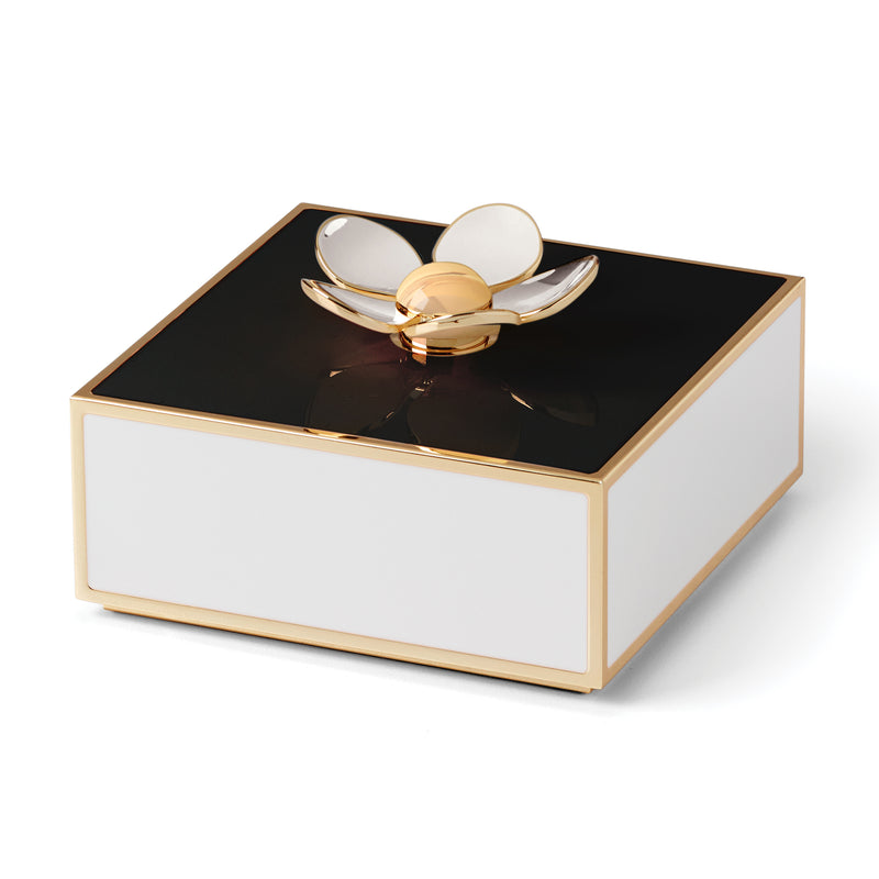 Enamel floral covered box with black top, white sides, and gold trim